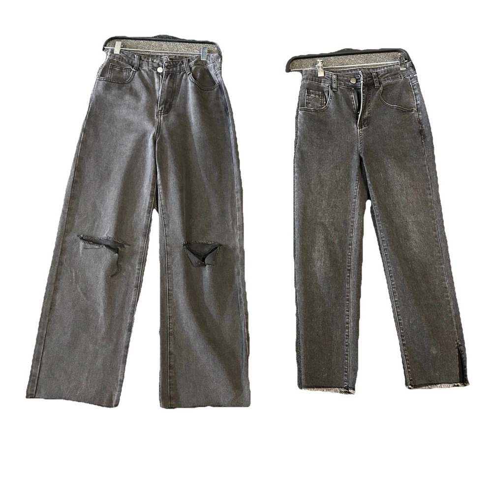 Lot of 2 Womens High Waisted Jeans Washed Black Wide Leg Distressed Straight Leg